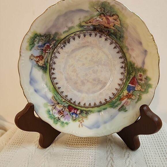 VTG Del Mar Japan Lustreware  Cup and Saucer Footed 24K Gold Trim Pastoral scene - Picture 4 of 14